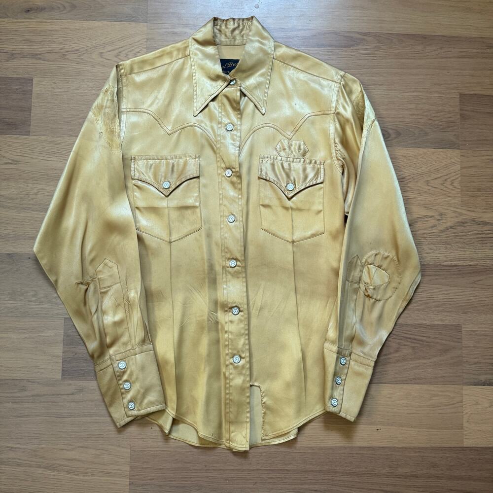 Women's Vintage 1940's Paul Brown Gold Rayon Western Snap Long Sleeve Shirt Sz S